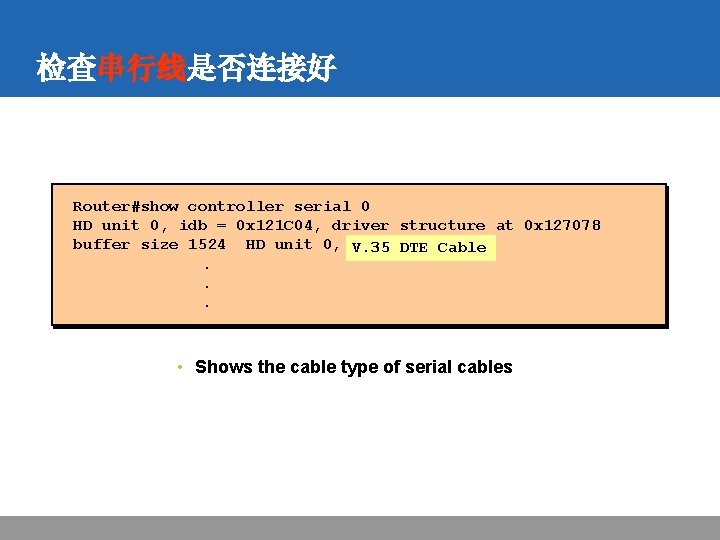 检查串行线是否连接好 Router#show controller serial 0 HD unit 0, idb = 0 x 121 C