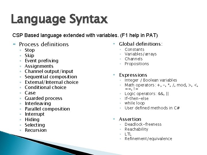 Language Syntax CSP Based language extended with variables. (F 1 help in PAT) Process