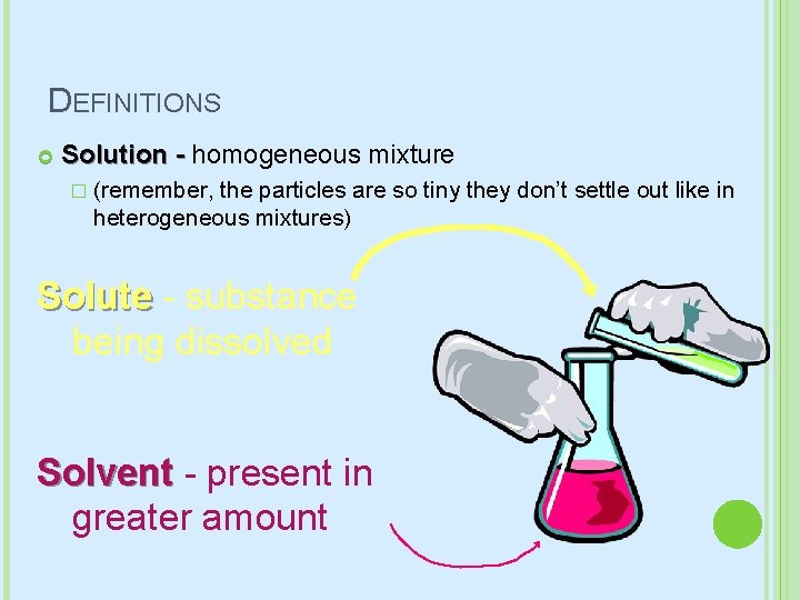 DEFINITIONS Solution - homogeneous mixture � (remember, the particles are so tiny they don’t