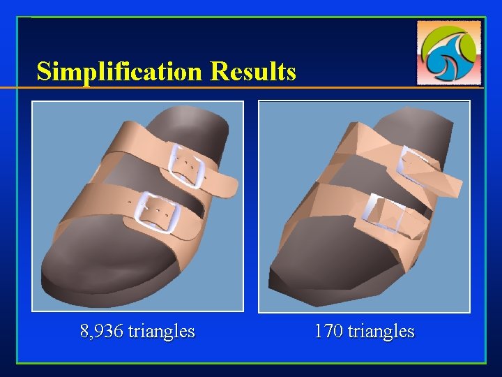 Simplification Results 8, 936 triangles 170 triangles 