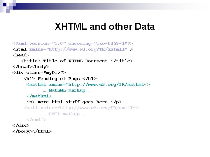 XHTML and other Data <? xml version="1. 0" encoding="iso-8859 -1"? > <html xmlns="http: //www.