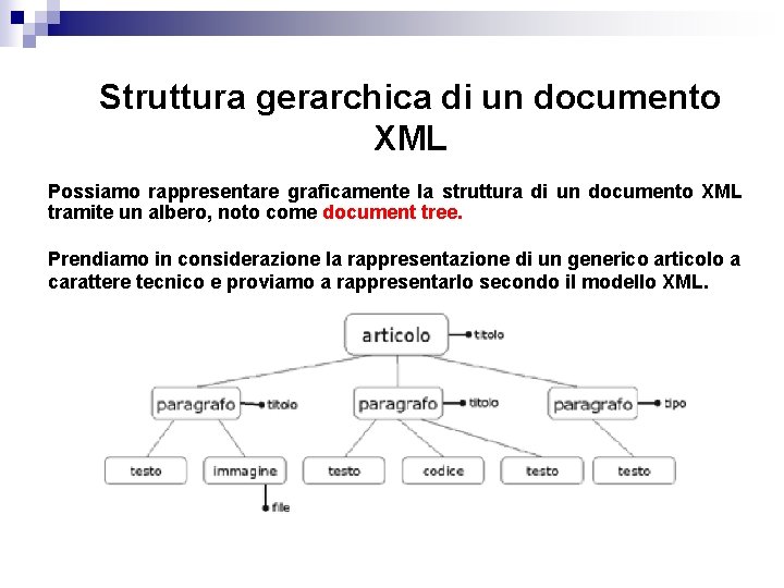 Struttura gerarchica di un documento XML Possiamo rappresentare graficamente la struttura di un documento