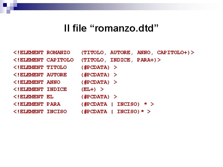 Il file “romanzo. dtd” <!ELEMENT <!ELEMENT <!ELEMENT ROMANZO CAPITOLO TITOLO AUTORE ANNO INDICE EL