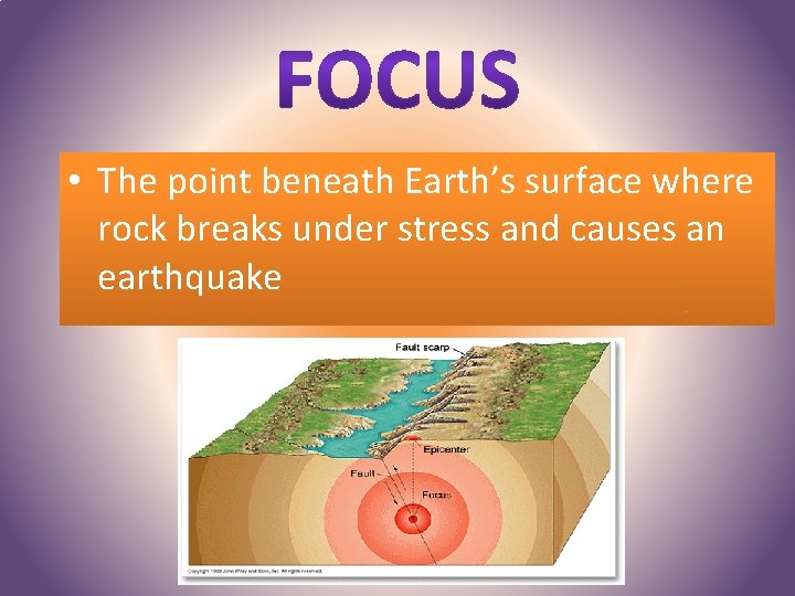  • The point beneath Earth’s surface where rock breaks under stress and causes