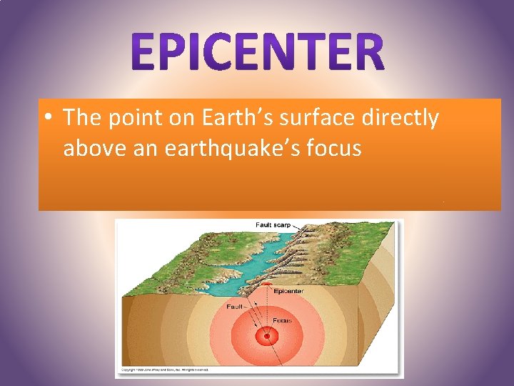  • The point on Earth’s surface directly above an earthquake’s focus 