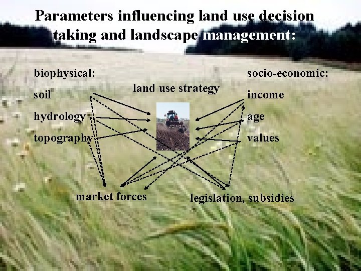 Parameters influencing land use decision taking and landscape management: biophysical: socio-economic: land use strategy