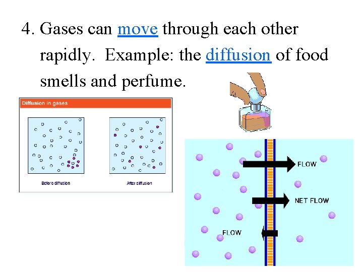 4. Gases can move through each other rapidly. Example: the diffusion of food smells