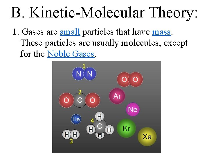 B. Kinetic-Molecular Theory: 1. Gases are small particles that have mass. These particles are