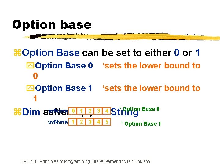 Option base z. Option Base can be set to either 0 or 1 y.