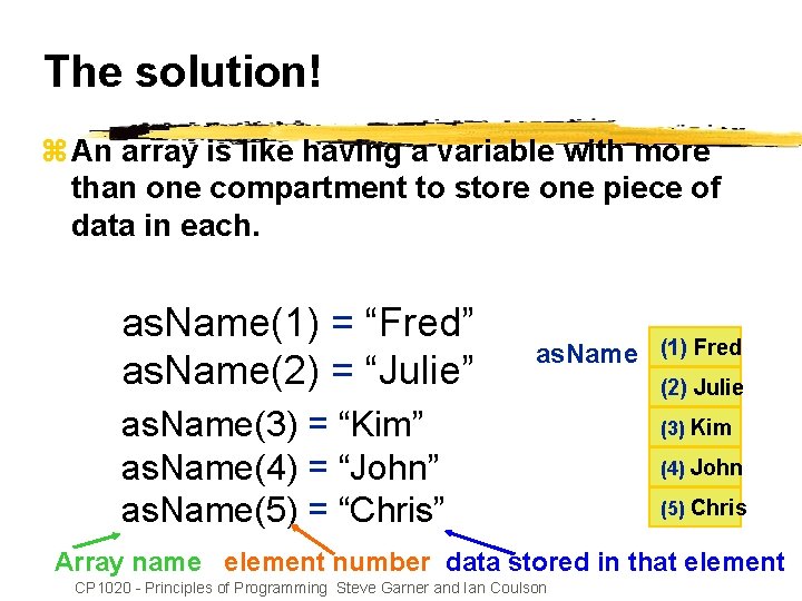 The solution! z An array is like having a variable with more than one