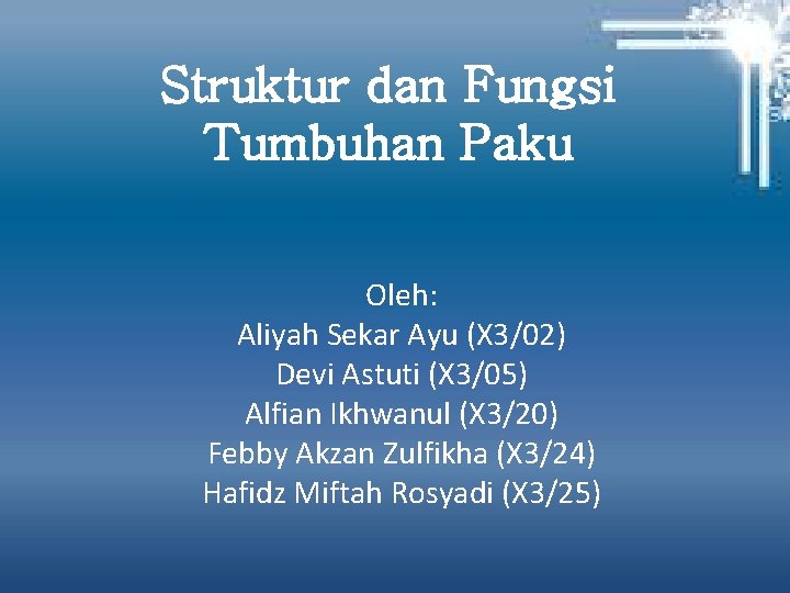 Struktur dan Fungsi Tumbuhan Paku Oleh: Aliyah Sekar Ayu (X 3/02) Devi Astuti (X