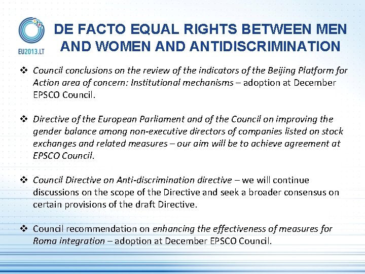 DE FACTO EQUAL RIGHTS BETWEEN MEN AND WOMEN AND ANTIDISCRIMINATION v Council conclusions on