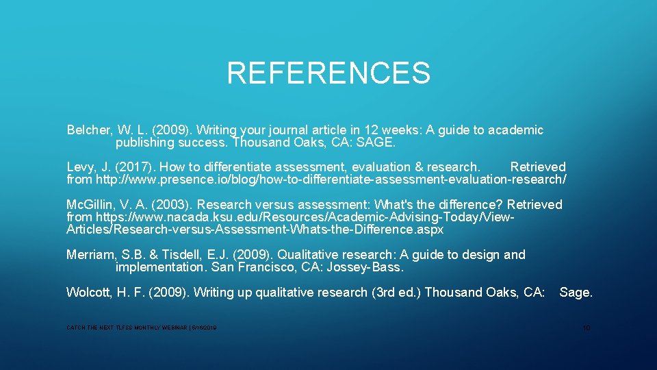 REFERENCES Belcher, W. L. (2009). Writing your journal article in 12 weeks: A guide
