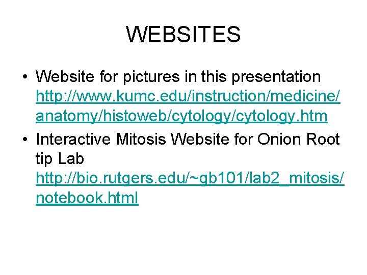 WEBSITES • Website for pictures in this presentation http: //www. kumc. edu/instruction/medicine/ anatomy/histoweb/cytology. htm