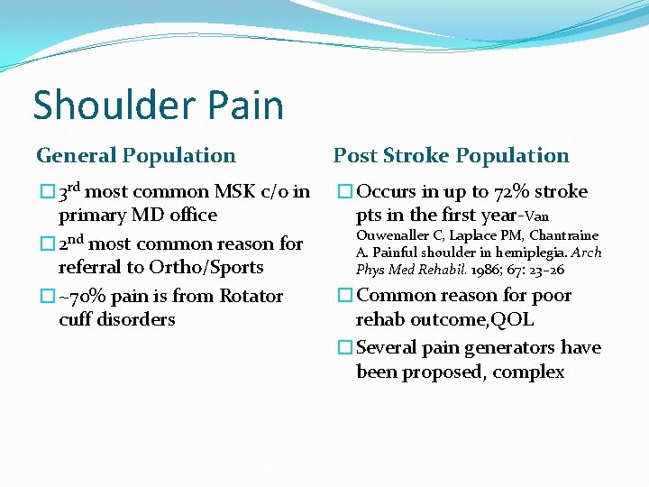Shoulder Pain General Population Post Stroke Population � 3 rd most common MSK c/o