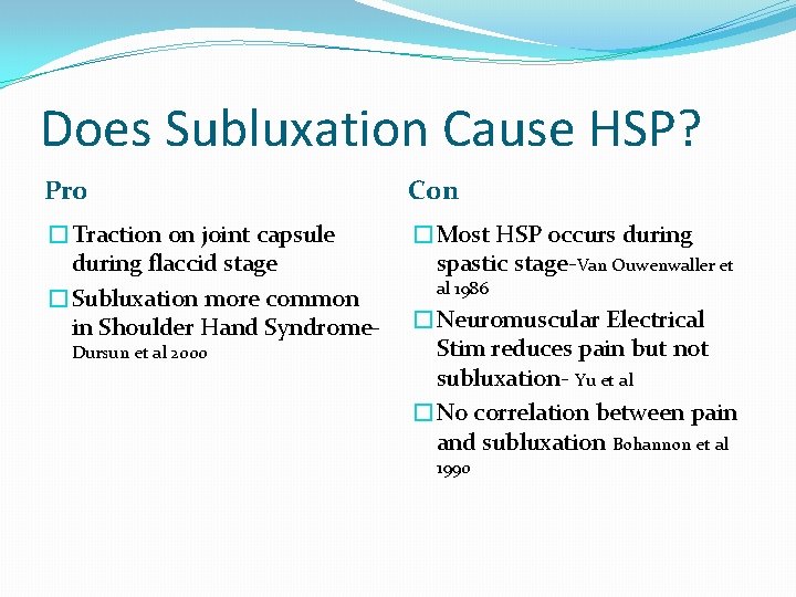 Does Subluxation Cause HSP? Pro Con �Traction on joint capsule during flaccid stage �Subluxation