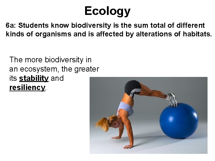 Ecology 6 a: Students know biodiversity is the sum total of different kinds of