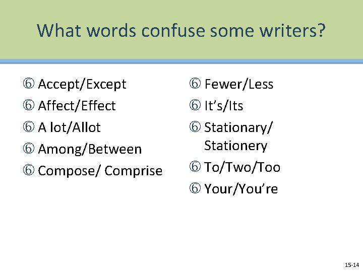 What words confuse some writers? Accept/Except Affect/Effect A lot/Allot Among/Between Compose/ Comprise Fewer/Less It’s/Its