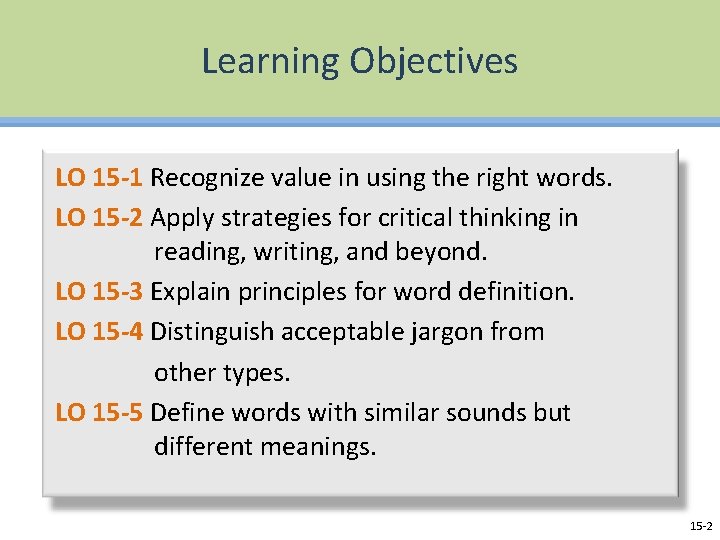 Learning Objectives LO 15 -1 Recognize value in using the right words. LO 15