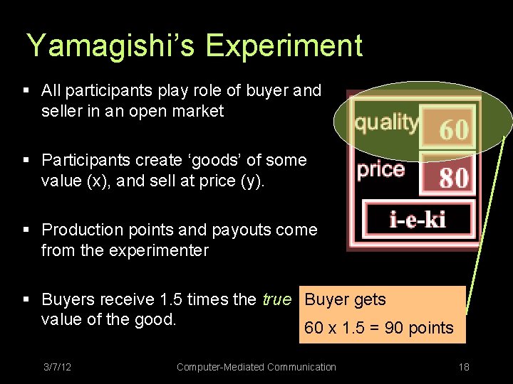 Yamagishi’s Experiment § All participants play role of buyer and seller in an open