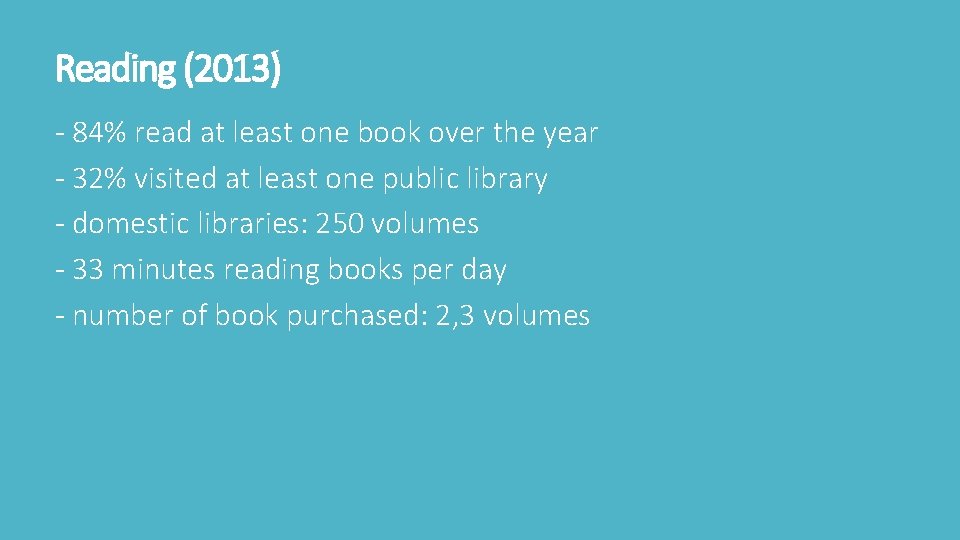 Reading (2013) - 84% read at least one book over the year - 32% Reading (2013) - 84% read at least one book over the year - 32%