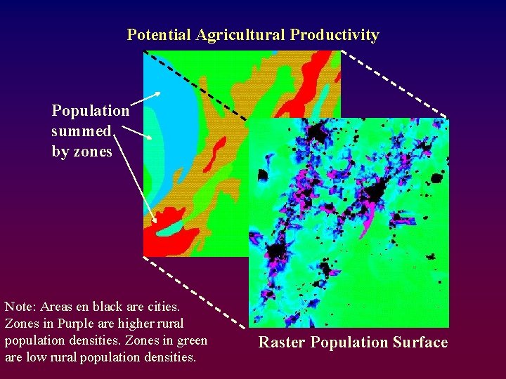 Potential Agricultural Productivity Population summed by zones Note: Areas en black are cities. Zones