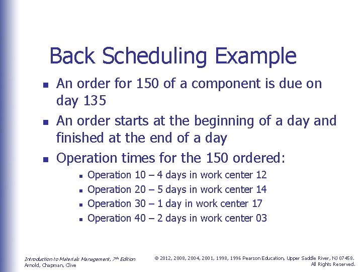 Back Scheduling Example n n n An order for 150 of a component is