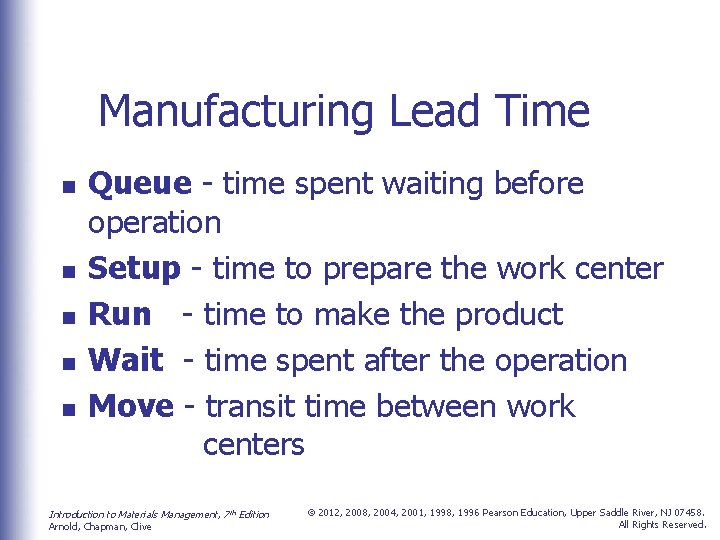 Manufacturing Lead Time n n n Queue - time spent waiting before operation Setup