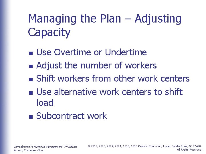 Managing the Plan – Adjusting Capacity n n n Use Overtime or Undertime Adjust
