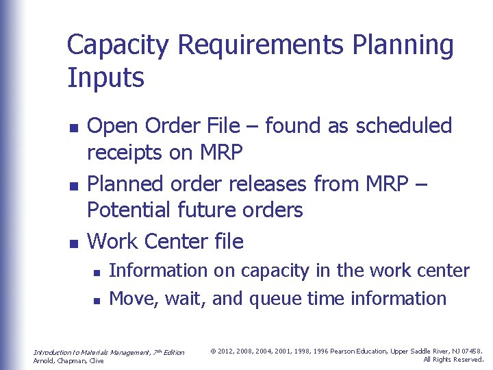 Capacity Requirements Planning Inputs n n n Open Order File – found as scheduled