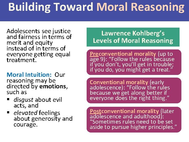 Building Toward Moral Reasoning Adolescents see justice and fairness in terms of merit and