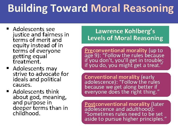 Building Toward Moral Reasoning § Adolescents see justice and fairness in terms of merit