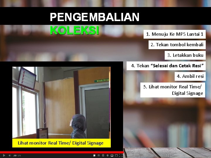 PENGEMBALIAN KOLEKSI 1. Menuju Ke MPS Lantai 1 2. Tekan tombol kembali 3. Letakkan