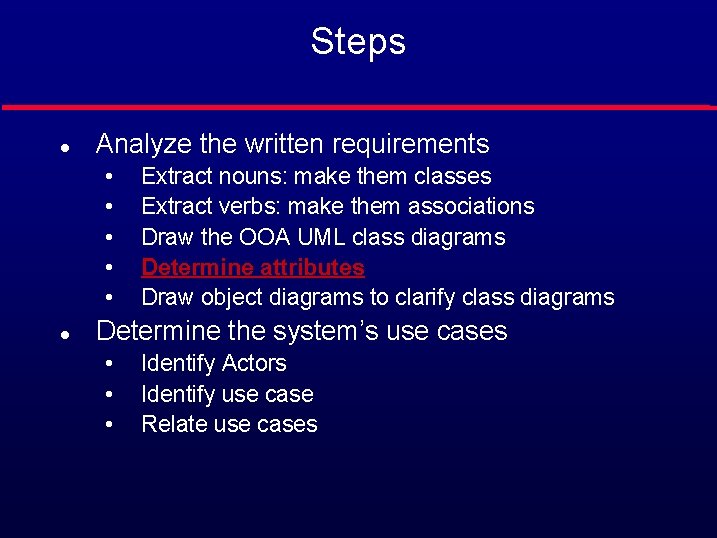 Steps l Analyze the written requirements • • • l Extract nouns: make them