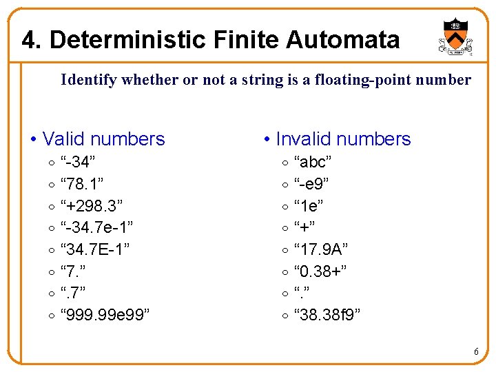 4. Deterministic Finite Automata Identify whether or not a string is a floating-point number