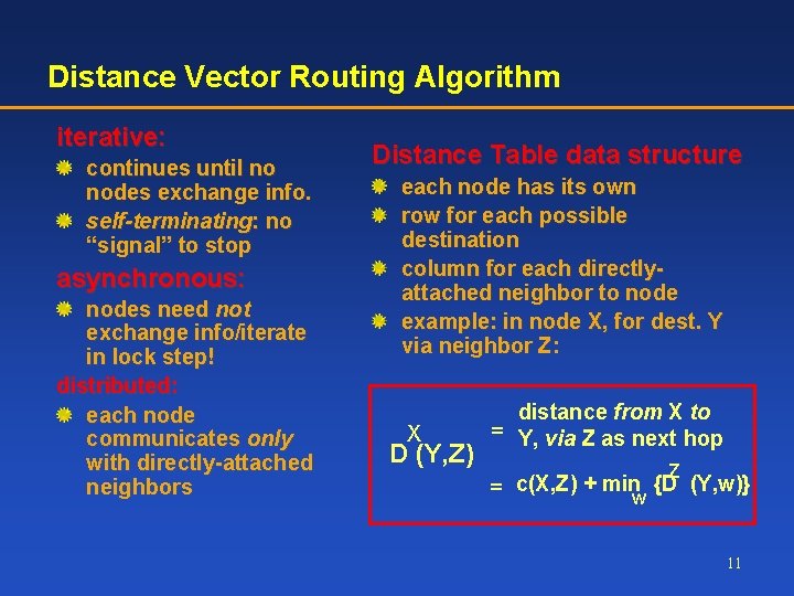 Distance Vector Routing Algorithm iterative: continues until no nodes exchange info. self-terminating: no “signal”
