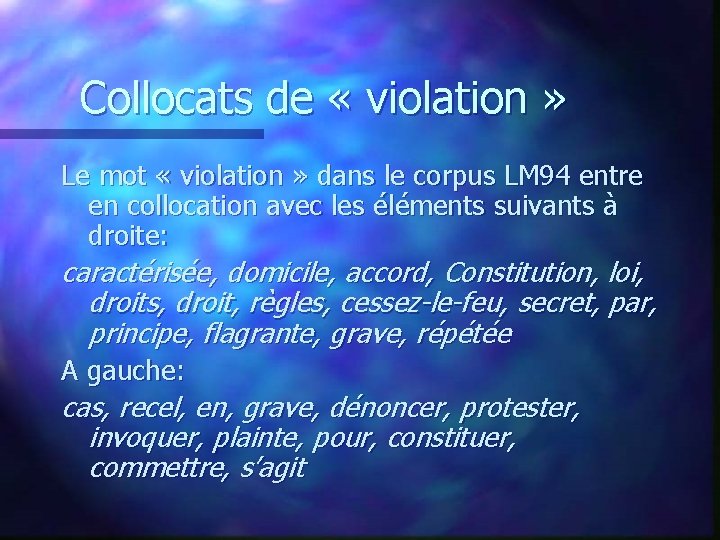 Collocats de « violation » Le mot « violation » dans le corpus LM