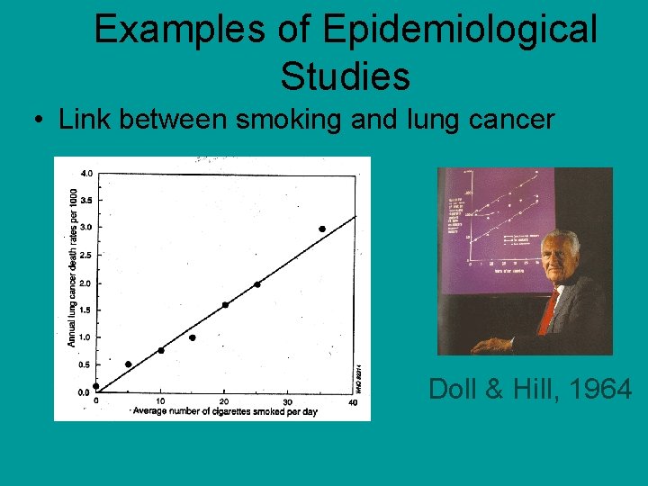 Examples of Epidemiological Studies • Link between smoking and lung cancer Doll & Hill,