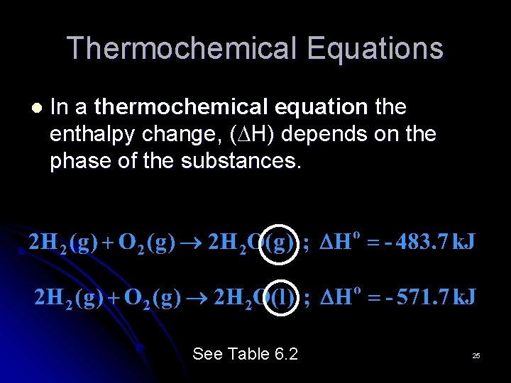 Thermochemical Equations l In a thermochemical equation the enthalpy change, (DH) depends on the