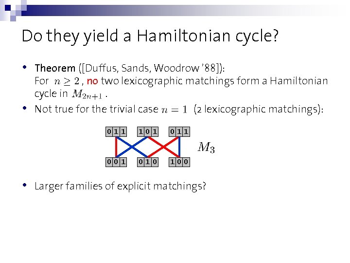 Do they yield a Hamiltonian cycle? • • • Theorem ([Duffus, Sands, Woodrow ’