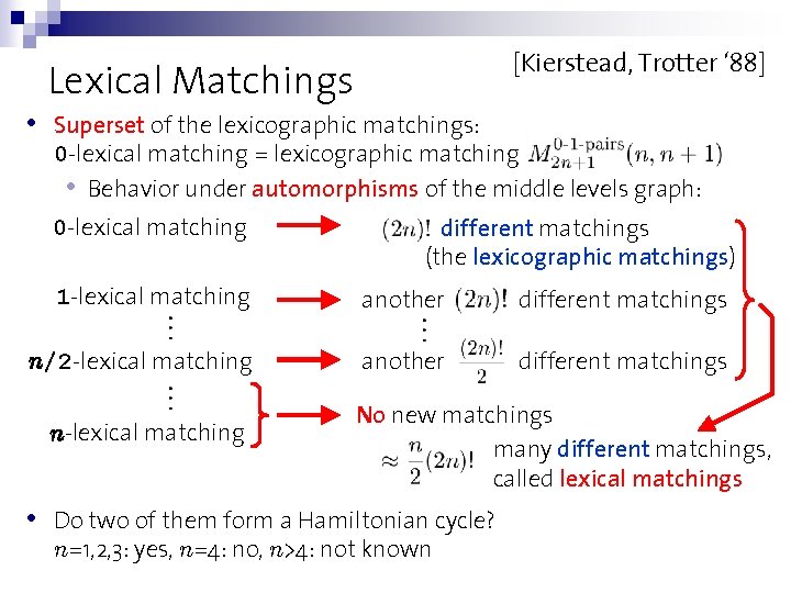  • [Kierstead, Trotter ‘ 88] Lexical Matchings Superset of the lexicographic matchings: 0