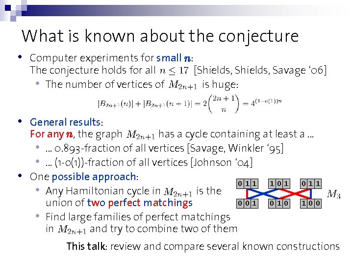 What is known about the conjecture • Computer experiments for small n: The conjecture