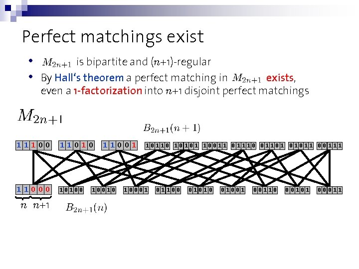 Perfect matchings exist • • is bipartite and (n+1)-regular By Hall‘s theorem a perfect