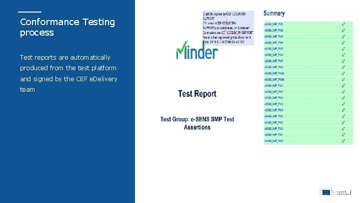 Conformance Testing process Test reports are automatically produced from the test platform and signed