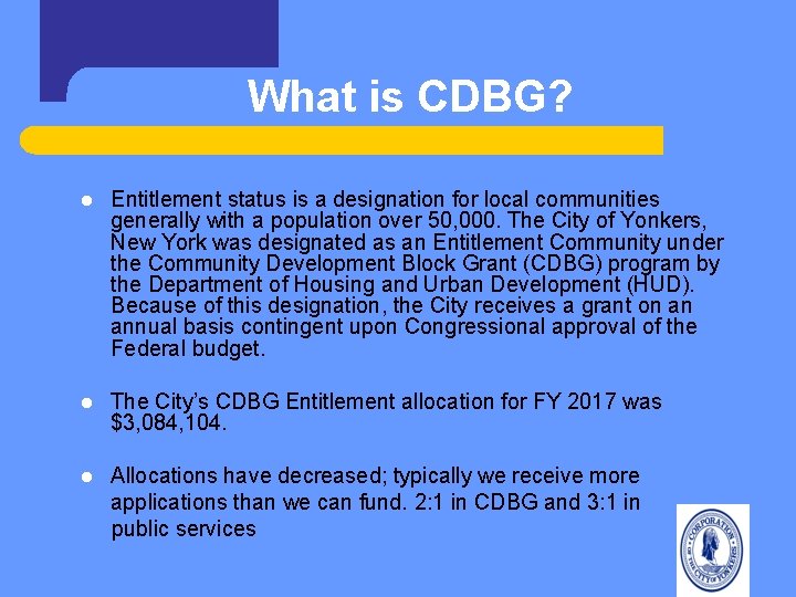 Entitlement Cdbg Process CITY OF YONKERS Department of Planning and Development