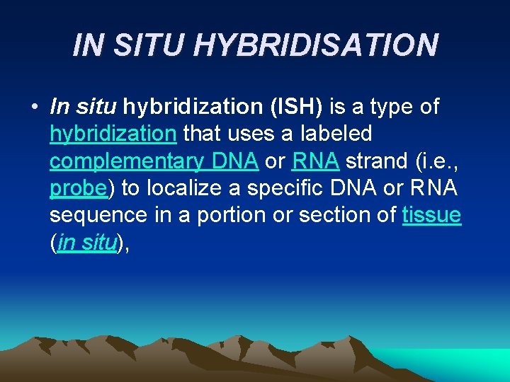 IN SITU HYBRIDISATION • In situ hybridization (ISH) is a type of hybridization that