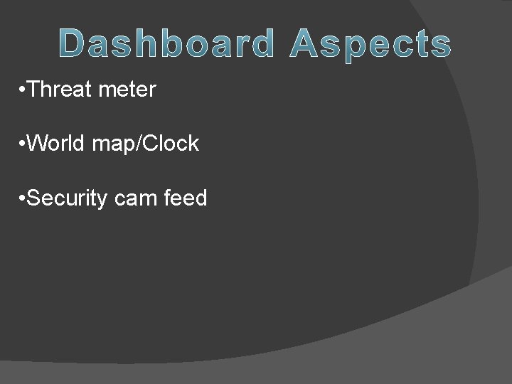  • Threat meter • World map/Clock • Security cam feed 