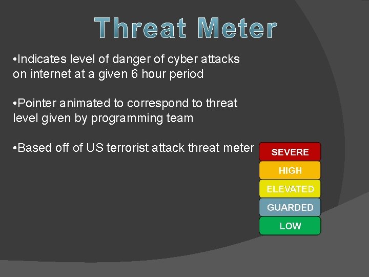 • Indicates level of danger of cyber attacks on internet at a given • Indicates level of danger of cyber attacks on internet at a given