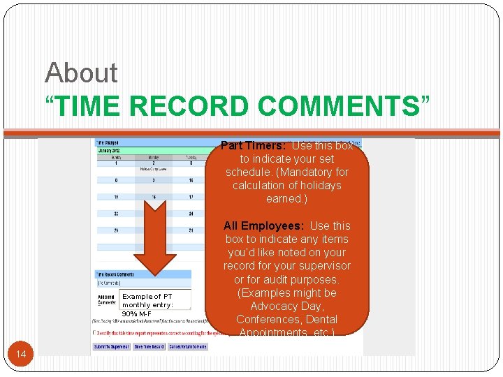 About “TIME RECORD COMMENTS” Part Timers: Use this box to indicate your set schedule.