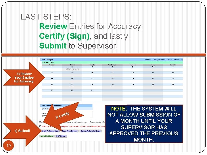 LAST STEPS: Review Entries for Accuracy, Certify (Sign), and lastly, Submit to Supervisor. 1)